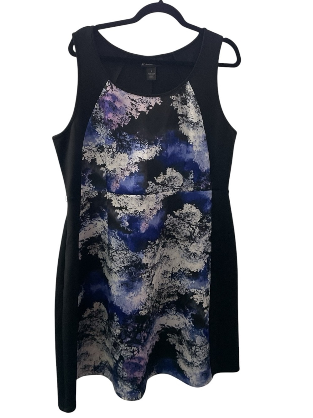 Black Midi Dress with Blue, Purple and White Abstract Panel P:21” L:39”